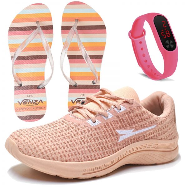 Tenis Feminino Academia Esporte Caminhada Corrida Casual Macio + Chinelo + Relogio