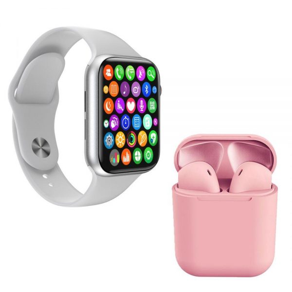 Kit 1 Smartwatch Plus Branco + 1 Fone Bt Npods I12 Rosa