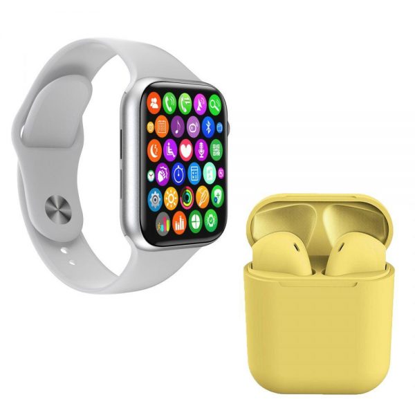 Kit 1 Smartwatch W34 S Branco + 1 Fone Bluetooth I12 Amarelo