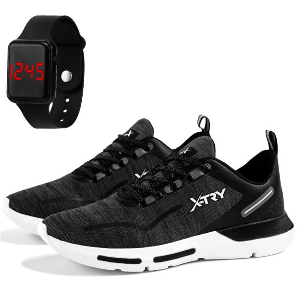 Kit Tênis Masculino Xtry Sapatofran Corrida Run Branco Preto com Relógio Digital