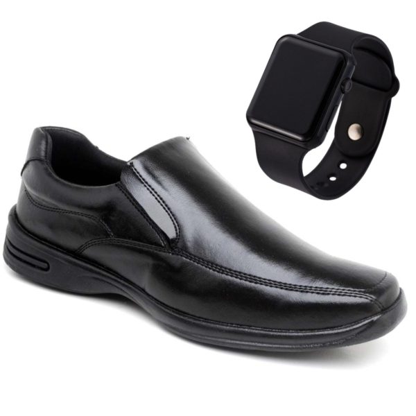 Sapato Social Conforto Antistress Gel Nine4 Calce Fácil Liso + Smartwatch Grátis - Preto