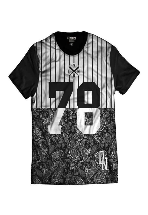 Camiseta Di Nuevo Swag Beisebol 78 Básica Listrada DN Preta e Branca