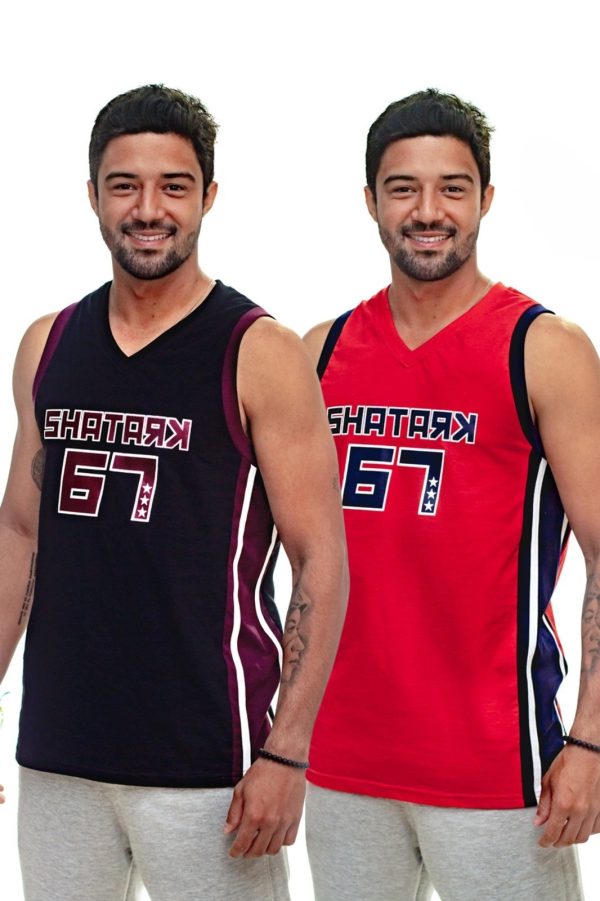 Kit com 2 Regatas de Basquete Shatark NBA Three Stars - Vermelho e Preto