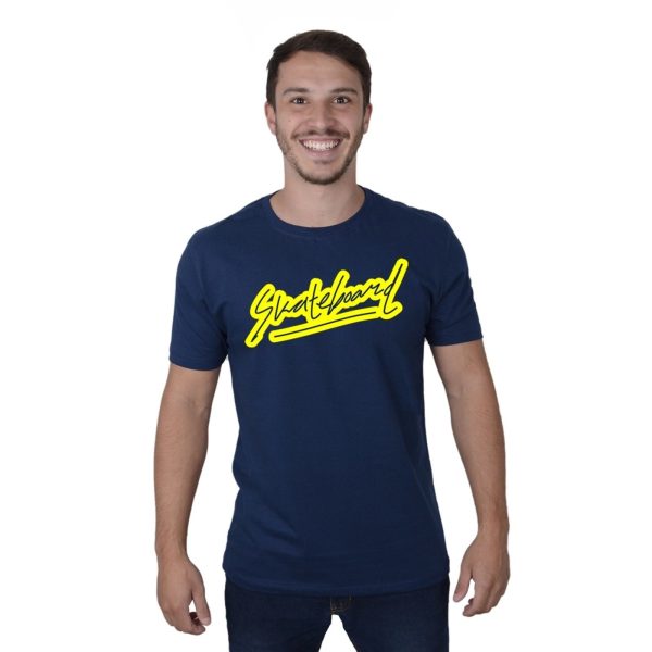 Camiseta Masculina Estampa Skate Board Manga Curta Algodão Marinho