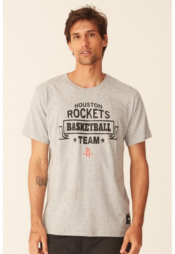 Camiseta NBA Estampada Houston Rockets Casual Cinza Mescla