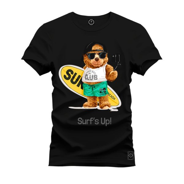 Camiseta Plus Size Casual Malha Confortável Estampada Urso Surf - Preto