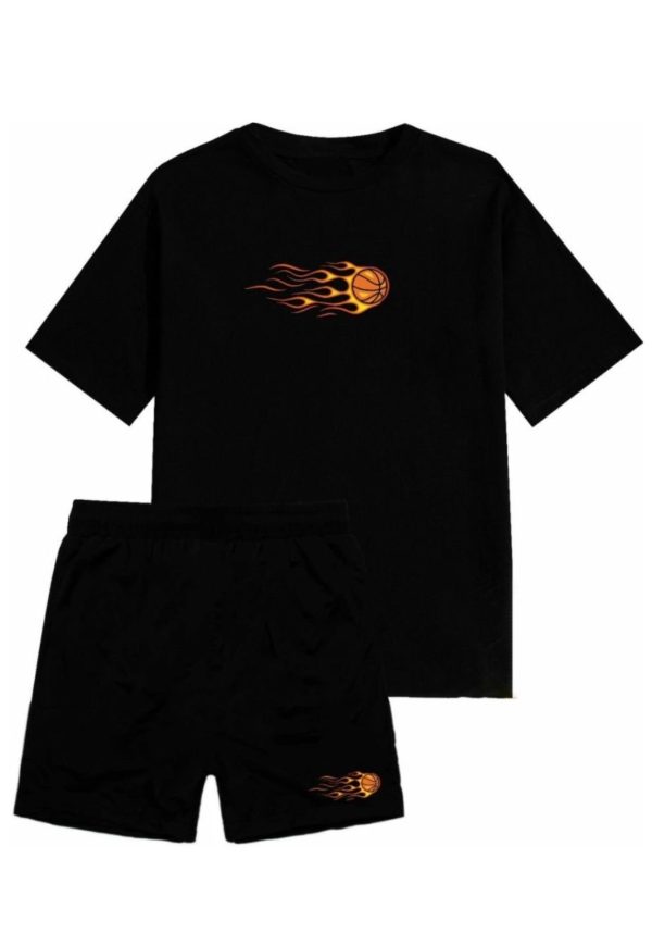 Kit Short Tactel e Camiseta Algodão Relaxado Conjunto Masculino Adulto Basquete Preto