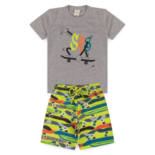 Infantil - Conjunto Curto Verão Mescla Menino Camiseta e Bermuda Skate