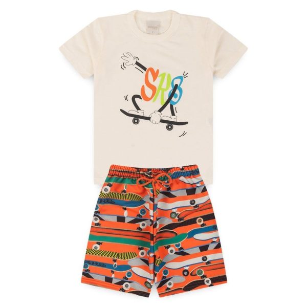 Infantil - Conjunto Curto Verão Natural Menino Camiseta e Bermuda Skate