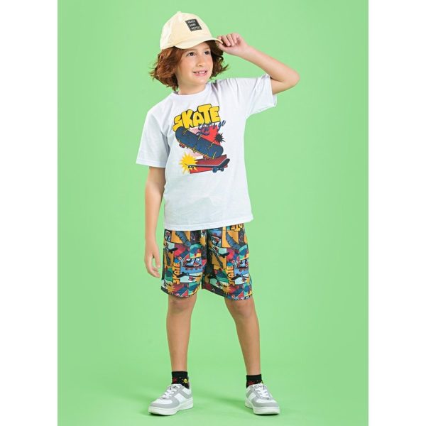 Infantil - Conjunto Verão Menino Branco Camiseta E Bermuda Skate