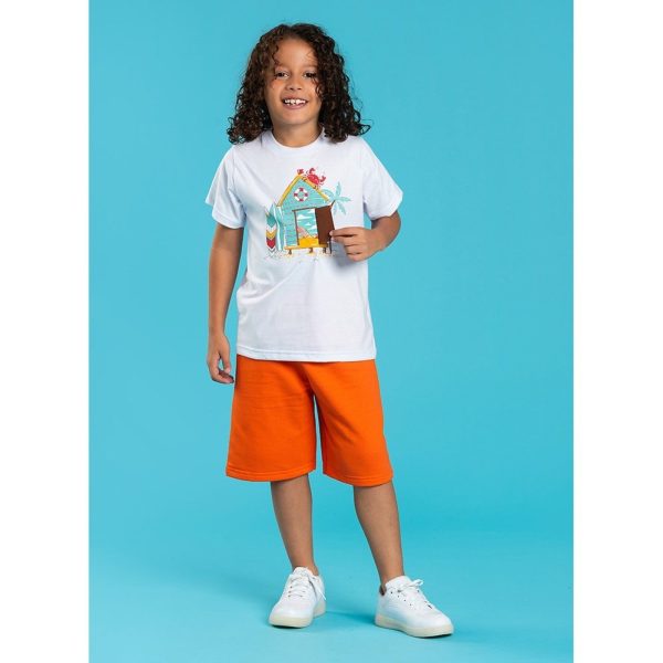 Infantil - Conjunto Verão Menino Branco Camiseta e Bermuda Cabana do Surf