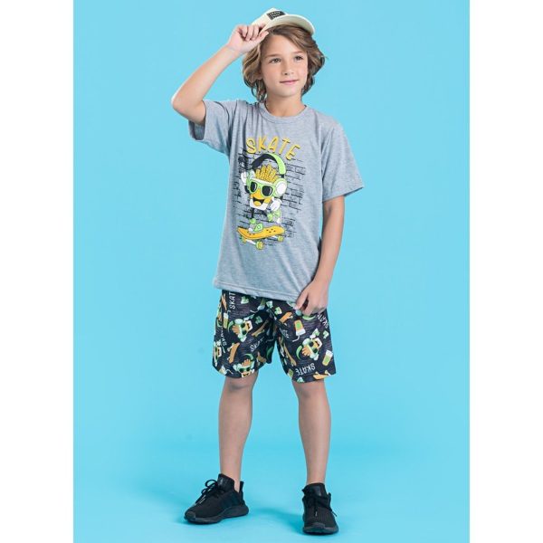 Infantil - Conjunto Verão Menino Mescla Camiseta e Bermuda Skate