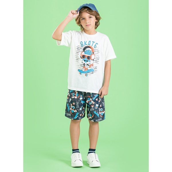 Infantil - Conjunto Verão Menino Natural Camiseta e Bermuda Skate