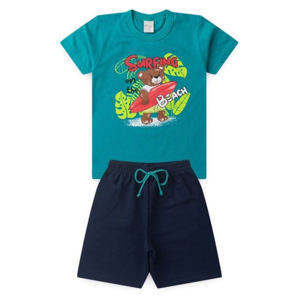 Infantil - Conjunto Verão Menino Verde Camiseta e Bermuda Surfing