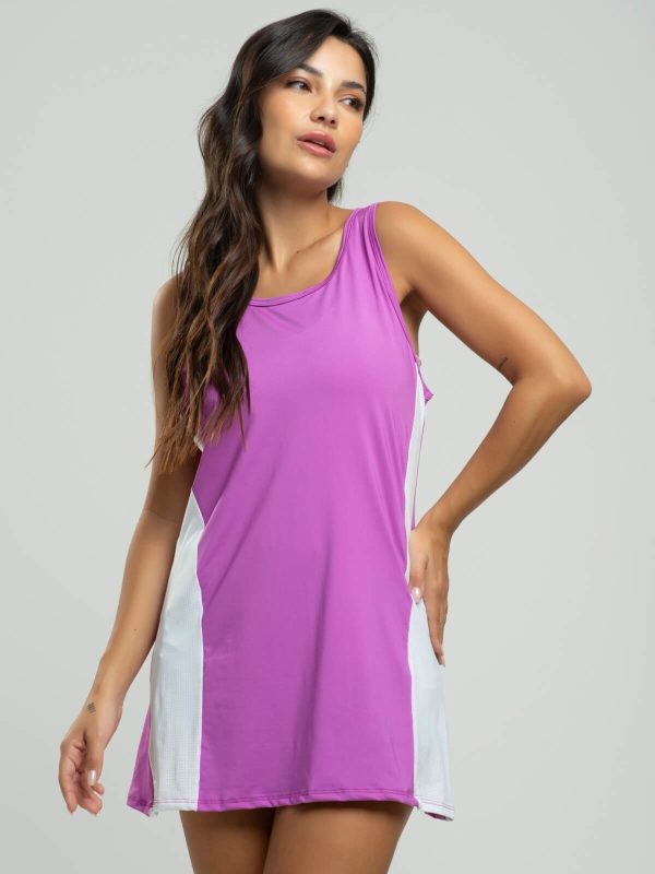 Vestido Beach Tennis Feminino Tecido Proteção Uv 50+ Vicbela Roxo com Branco