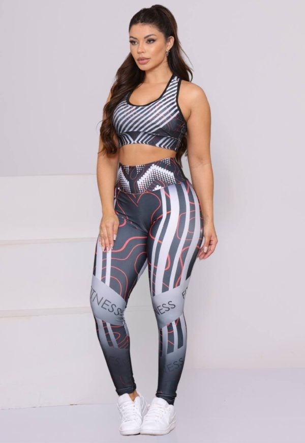 Conjunto Fitness Top e Calça Estampadas Cintura Alta Tecido Premium Não Transparente