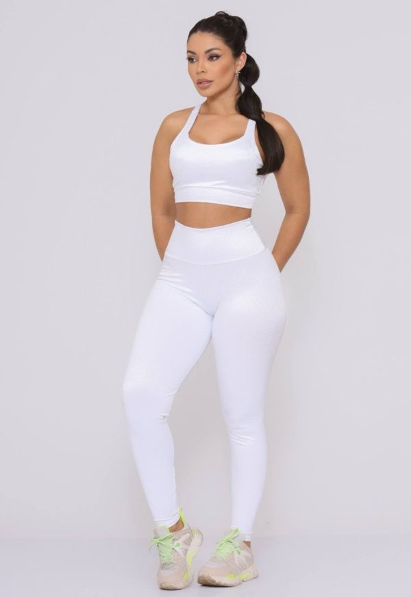 Conjunto Fitness Top e Calça Feminina para Academia Cintura Alta Linha Premium Branca