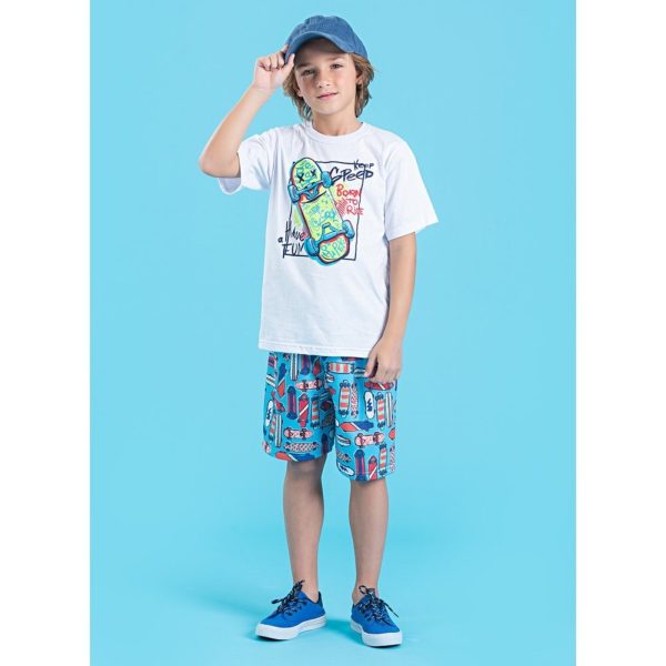 Infantil - Conjunto Verão Menino Branco Camiseta e Bermuda Skate Vibes