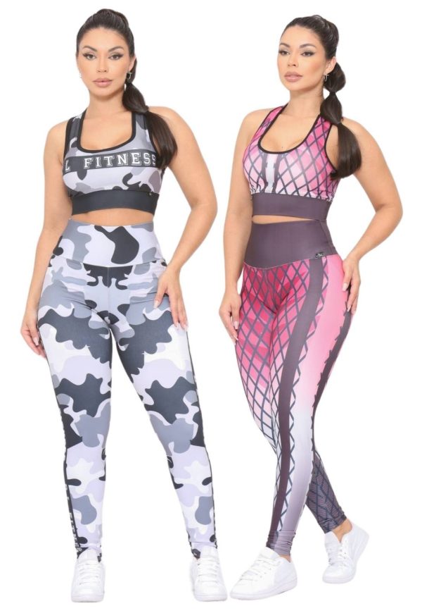 Kit 2 Conjuntos Feminino Top e Calça Fitness Cintura Alta Não Transparente Linha Premium