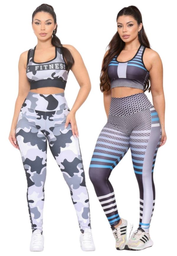 Kit 2 Conjuntos Feminino Top e Calça Fitness Cintura Alta Não Transparente Linha Premium