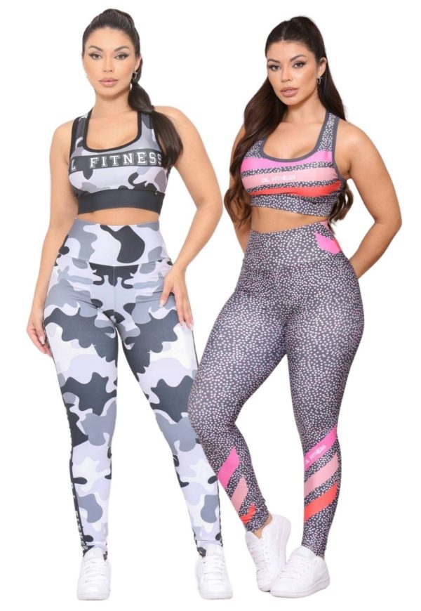 Kit 2 Conjuntos Feminino Top e Calça Fitness Cintura Alta Não Transparente Linha Premium