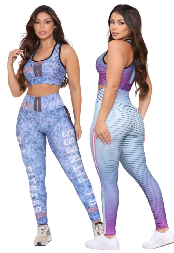 Kit 2 Conjuntos Fitness Top e Calça Cintura Alta Estampada Linha Premium