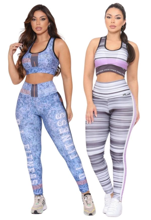 Kit 2 Conjuntos Fitness Top e Calça Cintura Alta Estampada Linha Premium