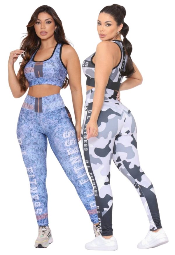 Kit 2 Conjuntos Fitness Top e Calça Cintura Alta Estampada Linha Premium