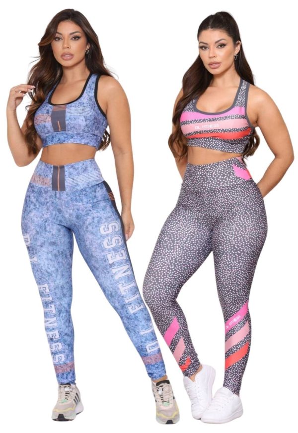 Kit 2 Conjuntos Fitness Top e Calça Cintura Alta Estampada Linha Premium