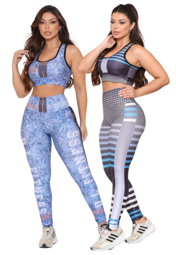 Kit 2 Conjuntos Fitness Top e Calça Cintura Alta Estampada Linha Premium