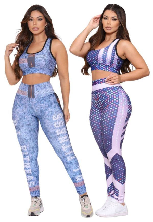 Kit 2 Conjuntos Fitness Top e Calça Cintura Alta Estampada Linha Premium