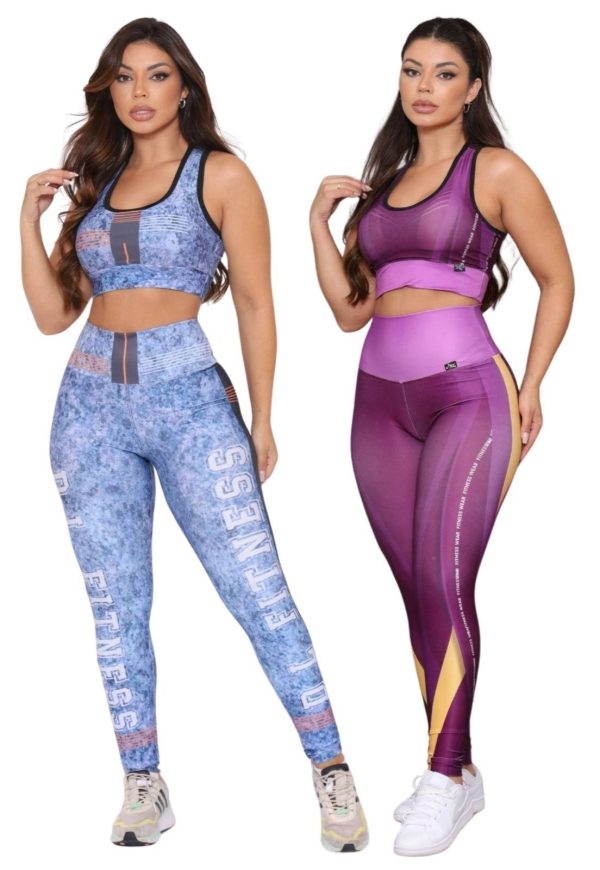 Kit 2 Conjuntos Fitness Top e Calça Cintura Alta Estampada Linha Premium