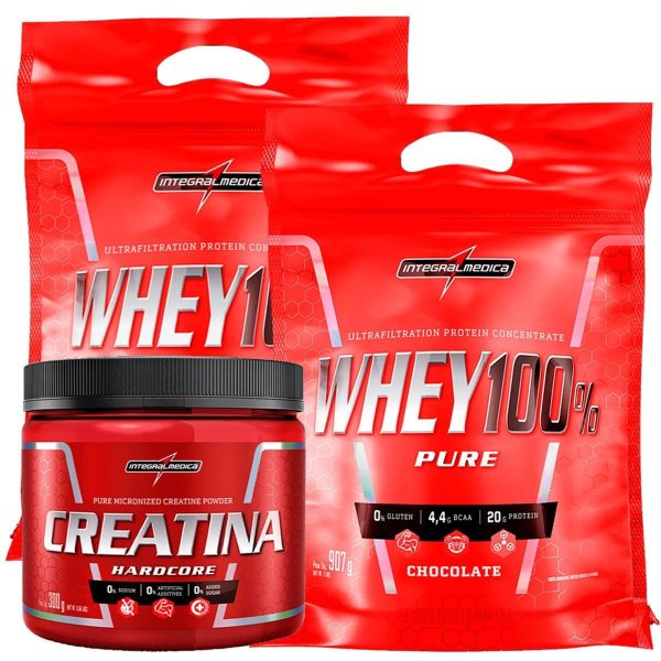 Kit 2 Whey 100% Pure 907G Refil Chocolate + 1 Creatina Hardcore Reload 300G - Integralmédica