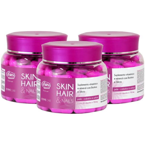 Suplemento Cabelo Pele Unha Com Biotina E Silício 90 Caps 700Mg Kit Com 3