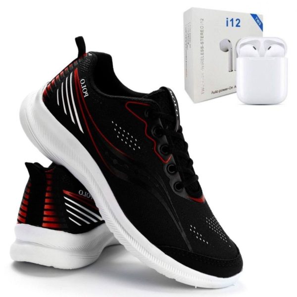 Tênis Masculino Sapatofran Esportivo Corrida Academia Preto com Fone de Ouvido Bluetooth