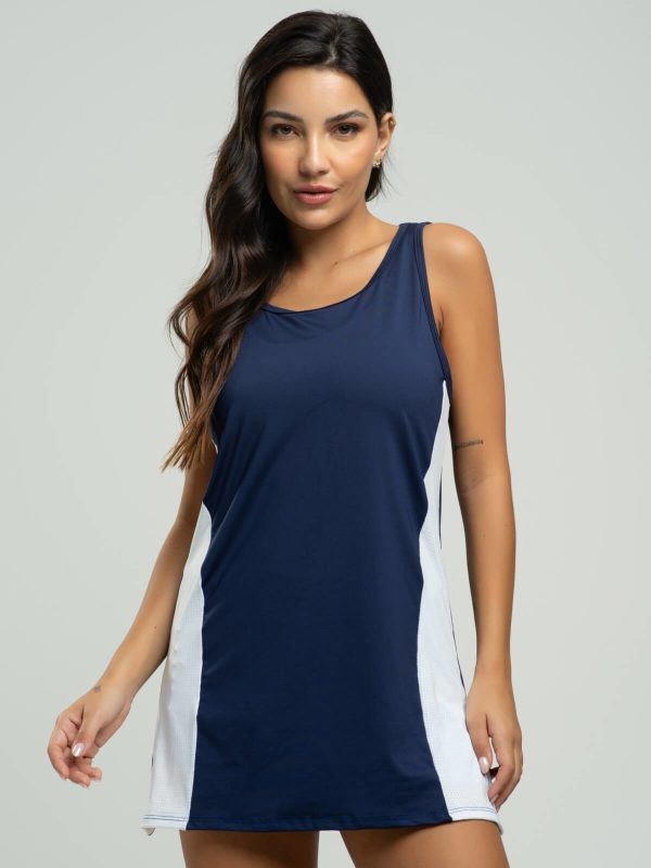 Vestido Beach Tennis Feminino Tecido Proteção Uv 50+ Vicbela Azul Marinho com Branco