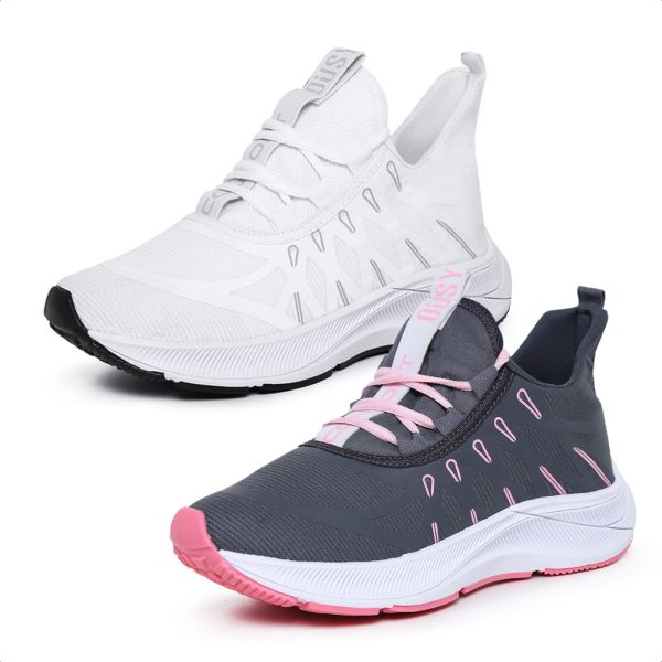 2 Pares Tênis Esportivo Masculino Feminino Para Bike Branco e Cinza com Rosa Combo Promocional