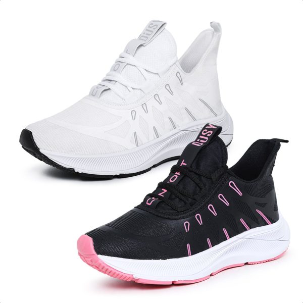 2 Pares Tênis Esportivo Masculino Feminino Para Bike Branco e Preto com Rosa Combo Promocional