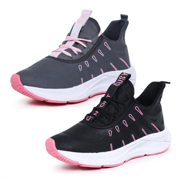 2 Pares Tênis Esportivo Masculino Feminino Para Bike Cinza com Rosa e Preto com Rosa Combo Promocional