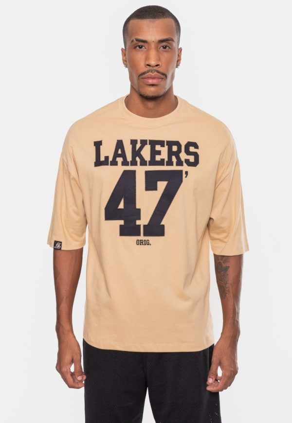 Camiseta NBA Masculina Oversized Number Twill Los Ageles Lakers Bege Claro