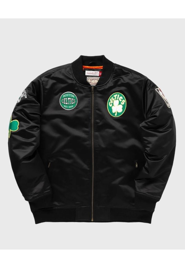 Jaqueta Mitchell & Ness NBA Satin Bomber Jacket Boston Celtics Preta