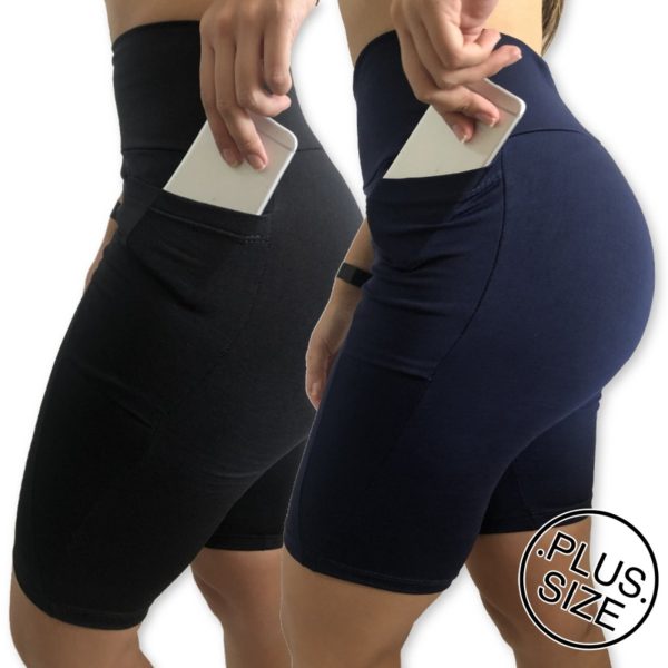 Kit 2 Bermudas Plus Size Heide Ribeiro Suplex com Bolso Esportes Preto e Marinho