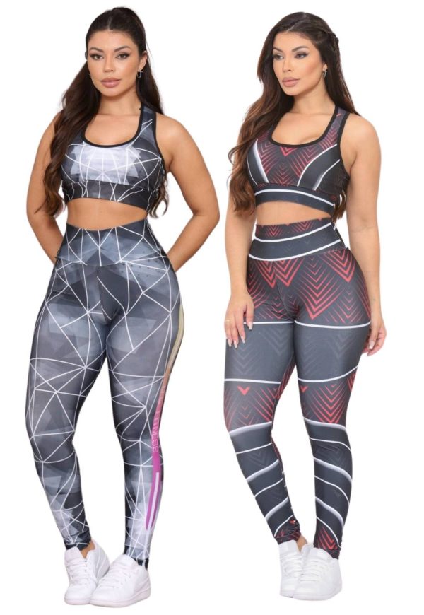 Kit 2 Conjuntos Calça e Top de Academia Estampado Cintura Alta Linha Premium