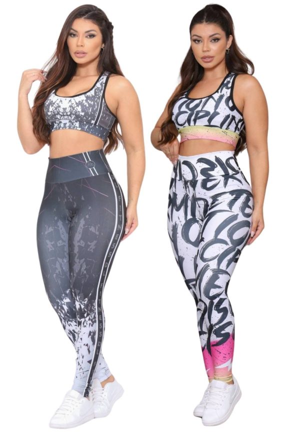 Kit 2 Conjuntos Feminino Fitness Calça e Top Estampado Cintura Alta Linha Premium