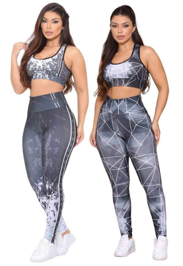 Kit 2 Conjuntos Feminino Fitness Calça e Top Estampado Cintura Alta Linha Premium