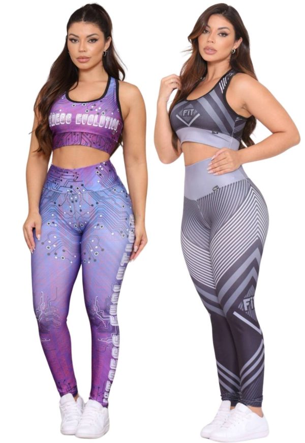 Kit 2 Conjuntos Feminino Fitness Top e Calça Não Transparente Cintura Alta