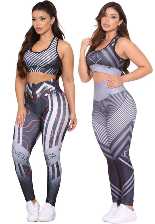 Kit 2 Conjuntos Feminino Fitness Top e Calça Não Transparente Cintura Alta