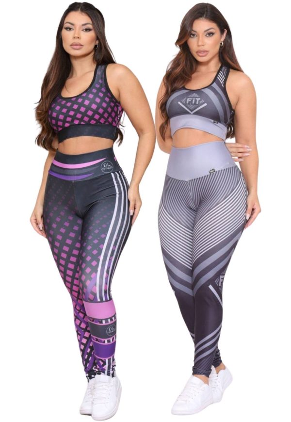 Kit 2 Conjuntos Feminino Fitness Top e Calça Não Transparente Cintura Alta