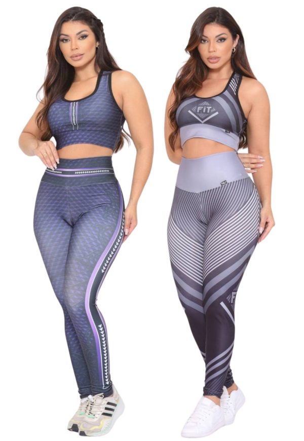 Kit 2 Conjuntos Feminino Fitness Top e Calça Não Transparente Cintura Alta