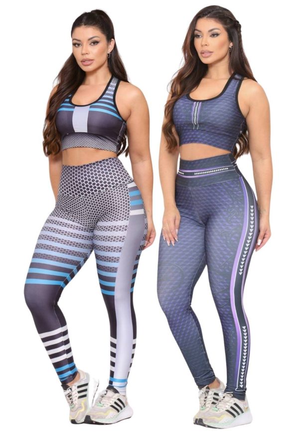 Kit 2 Conjuntos Feminino Top e Calça Fitness Cintura Alta Não Transparente Linha Premium